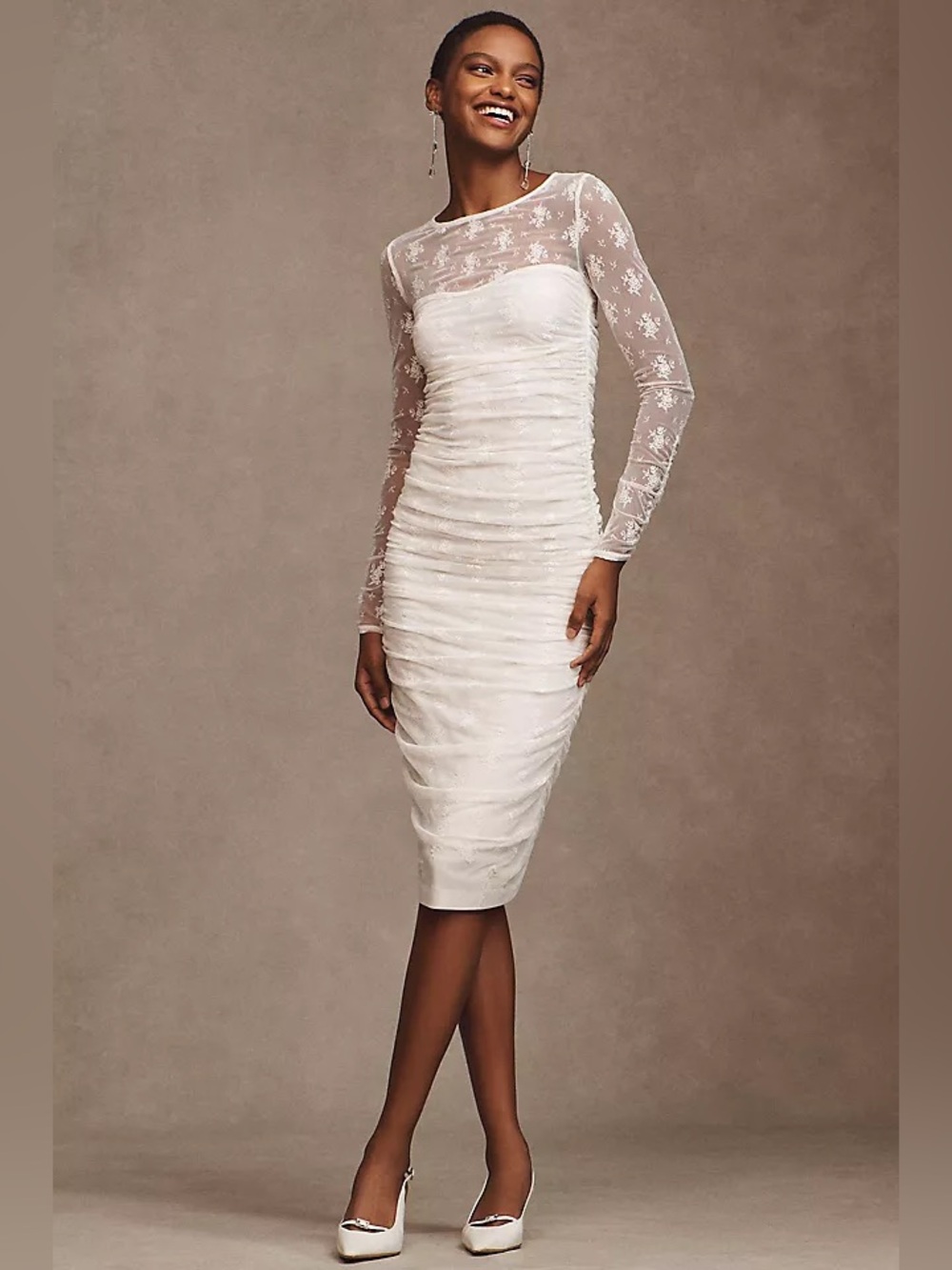 BHLDN Bailee Stretch Lace Ruched Midi Dress Ivory Small NWT Bridal